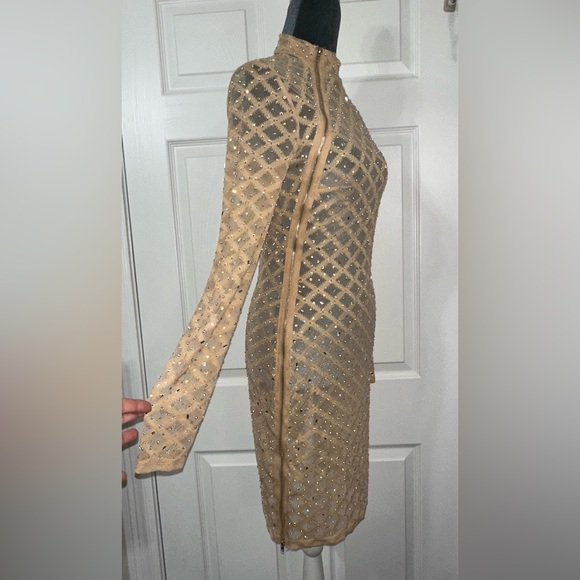 Elegant clear gem studded Long Sleeve shear Dress asymmetrical stylish zipper - Picture 5 of 13